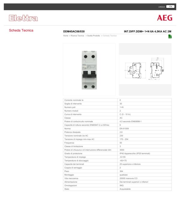 ELETTRA SRL AEG - AEGDDM45AC06/030 INT.DIFF.DDM+ 1+N 6A 4,5KA AC 2M 695196 - immagine 2