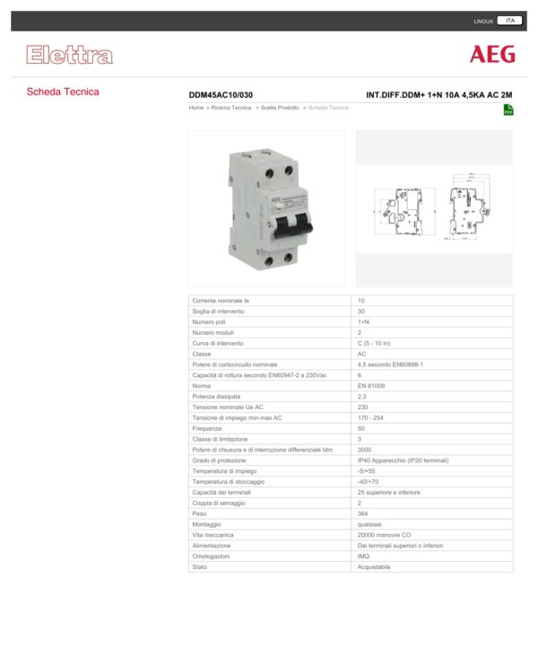 ELETTRA SRL AEG - AEGDDM45AC10/030 INT.DIFF.DDM+ 1+N 10A 4,5KA AC 2M 695197 - immagine 2