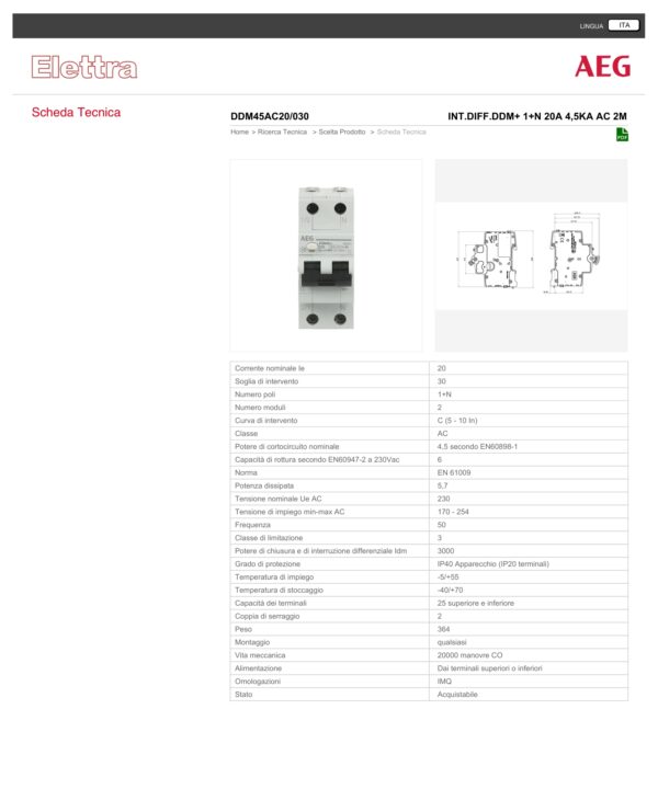 ELETTRA SRL AEG - AEGDDM45AC20/030 INT.DIFF.DDM+ 1+N 20A 4,5KA AC 2M 695199 - immagine 2