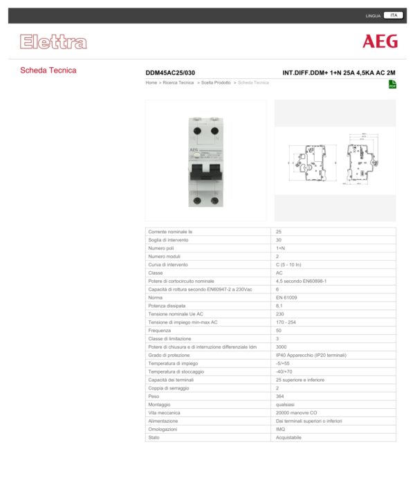 ELETTRA SRL AEG - AEGDDM45AC25/030 INT.DIFF.DDM+ 1+N 25A 4,5KA AC 2M 695200 - immagine 2