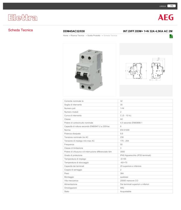 ELETTRA SRL AEG - AEGDDM45AC32/030 INT.DIFF.DDM+ 1+N 32A 4,5KA AC 2M 695201 - immagine 2