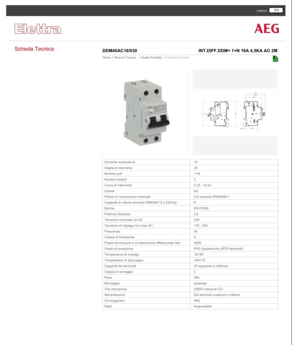 ELETTRA SRL AEG - AEGDDM45AC16/030 INT.DIFF.DDM+ 1+N 16A 4,5KA AC 2M 695198 - immagine 2