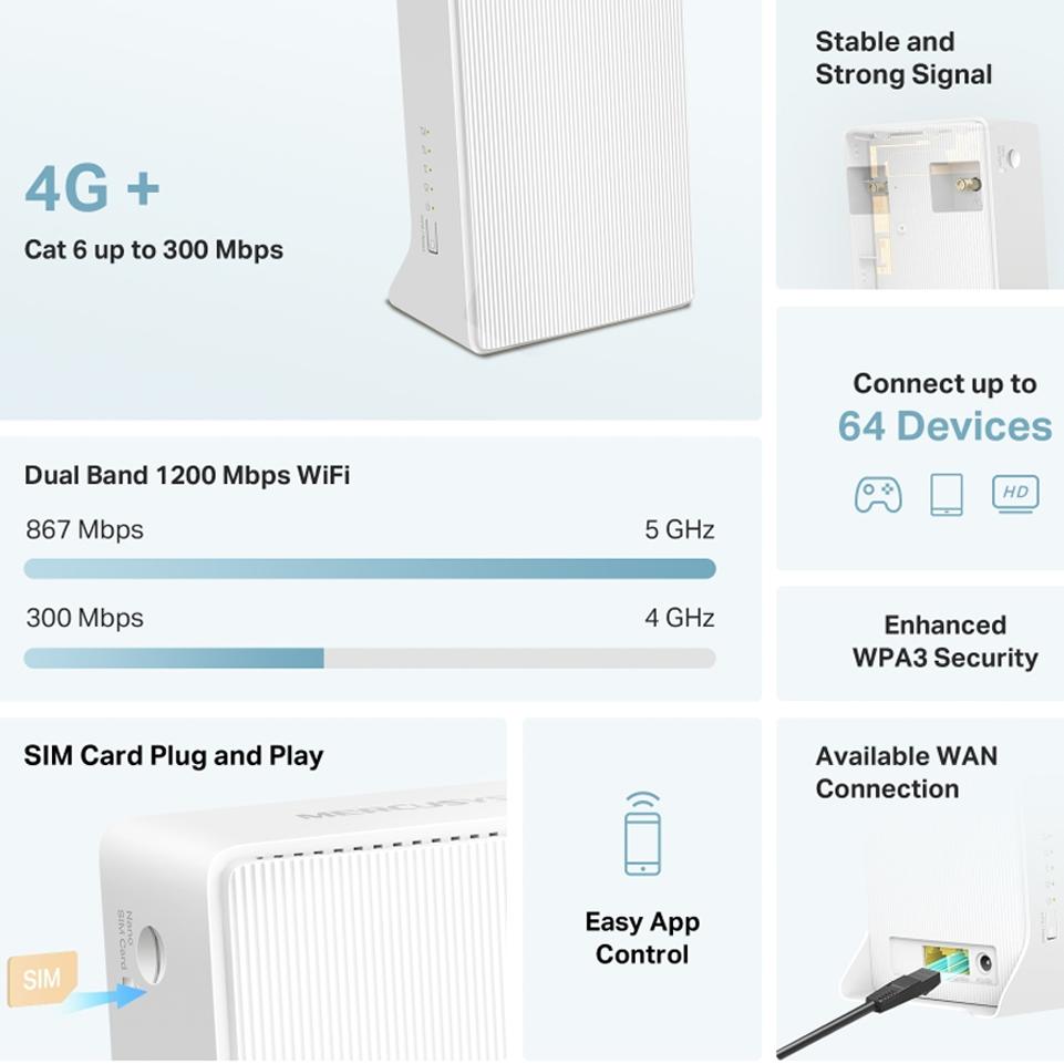 MERCUSYS Ac1200 wi-fi 4g+ lte router 867mbps 5ghz + cat6 300/50 mbps - immagine 3